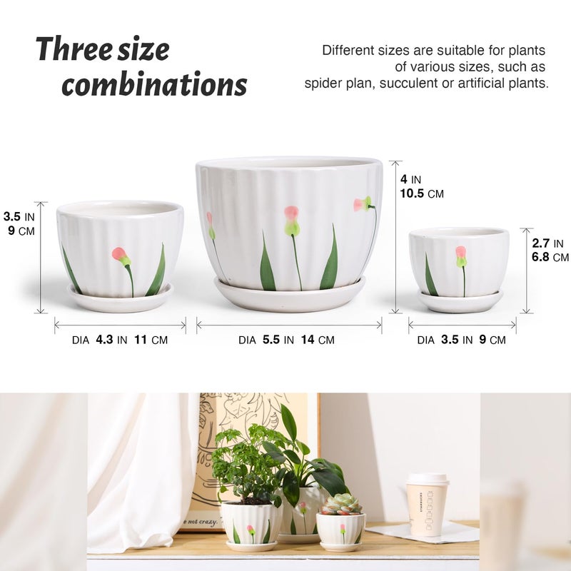 STHIE Ceramic Plant Pots with Drainage Holes and Saucers  Round White Flower Pots for Indoor Plant  Diameter 3.3/4.3/5.5 Inches Small Flower Planters Set of 3 - Image 3